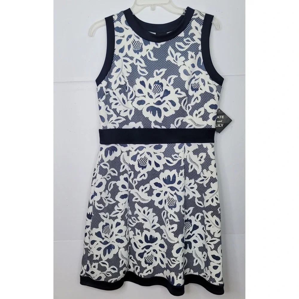 Kate and Lily Fit/Flare Lace Midi Dress Sleeveless 12 Navy White Floral Cottage - Picture 4 of 8